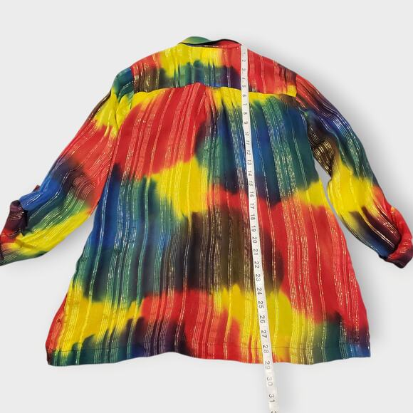 Chico's Design Silk Metallic Sheer Rainbow Stripe Button Up Blouse Sz 0=Sm Artsy - Picture 14 of 14